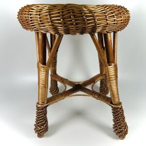 Vintage Mid Century Wicker Rattan Vanity Foot Stool Round Seat Plant Stand